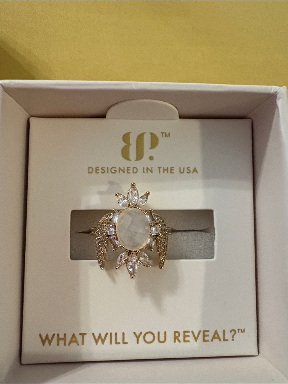 bp Gold-Tone Moonstone and Clear Crystal Halo Ring